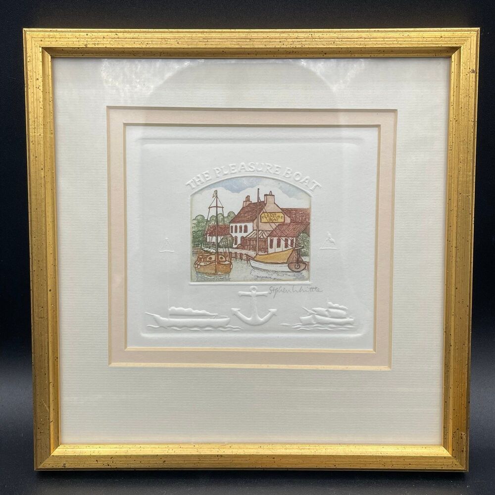 The Pleasure Boat Gold Framed Stephen Whittle Color Etching Signed Print Anchors